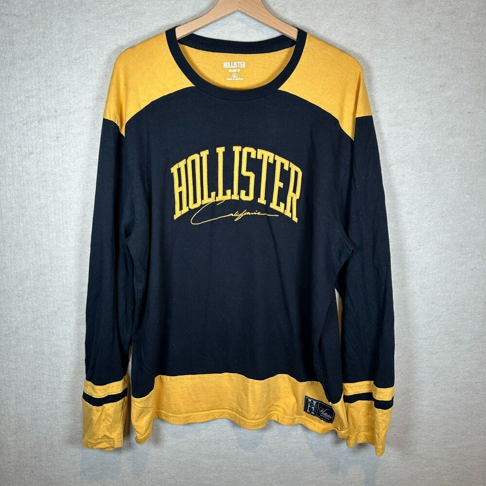 Hollister Long Sleeve Shirt Men XL Navy Yellow Logo Relaxed Fit Casual Preppy